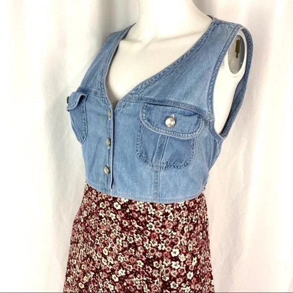 Vintage Midi Length Floral and Denim Sleeveless Dress - Picture 3 of 10